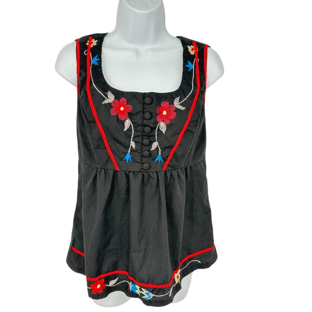 Embroidered Floral Peasant Top Sleeveless‎ Back Zip Handmade XS/S SEE DETAILS